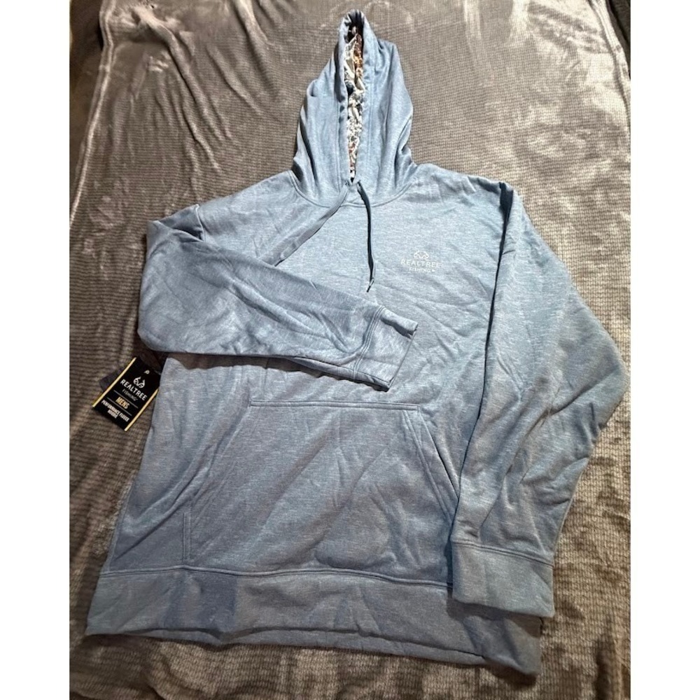 Realtree Fishing Mens‎ Performance Fleece Hoodie Blue Heather Camo Lined L NWT